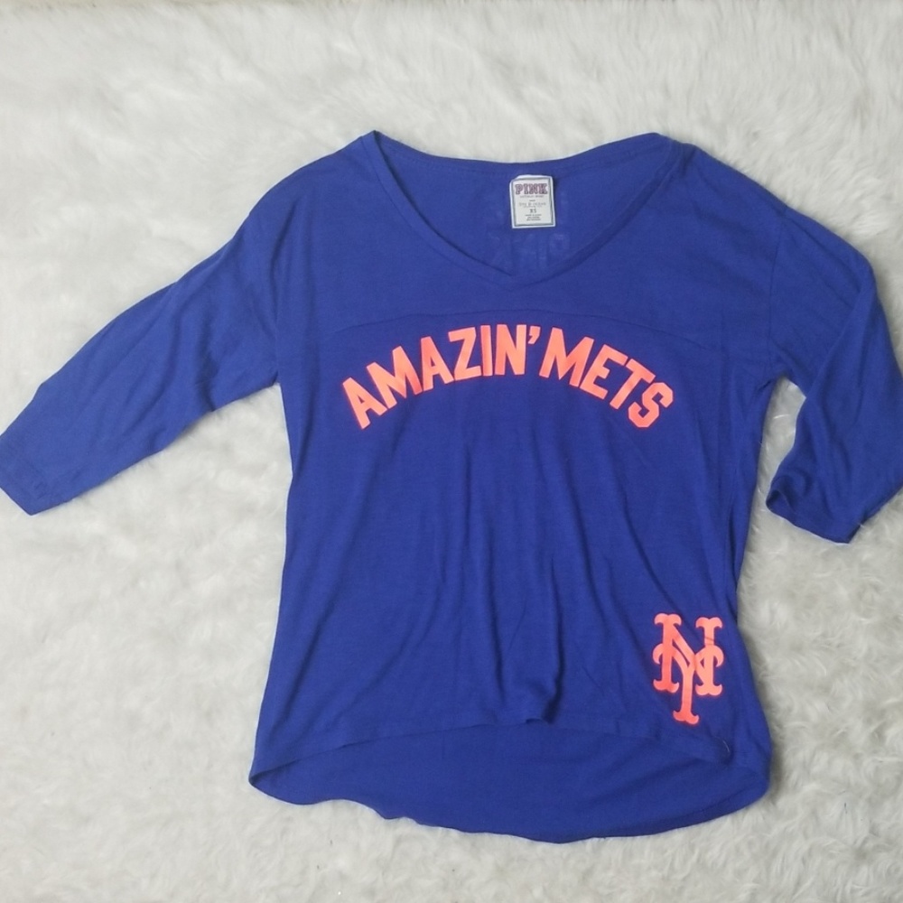 NY "Amazin Mets" tee top shirt baseball blue orange New York XS